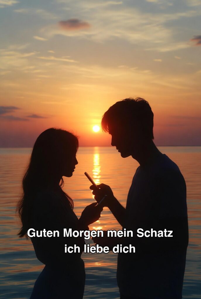 Guten Morgen, mein Schatz! Süße Nachrichten, um den Tag zu beginnen VSilhouette verliebtes Paar bei Sonnenaufgang am Meer mit Guten Morgen mein Schatz ich liebe dich Text