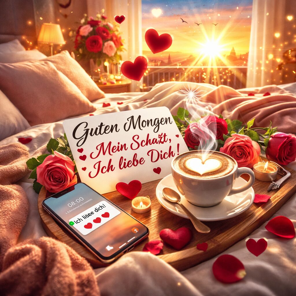 Gemütliches romantisches Morgenbild im Schlafzimmer: Ein dampfender Kaffee mit Herz-Motiv steht auf einem Tablett neben frischen roten Rosen, einer handgeschriebenen Karte mit „Guten Morgen mein Schatz, ich liebe dich!“ und einem Smartphone, das eine Liebesnachricht um 08:00 zeigt. Im Hintergrund strahlt die aufgehende Sonne durchs Fenster über ein zerwühltes Bett und eine Stadt-Skyline, umgeben von fliegenden roten Herzen und Kerzenlicht.