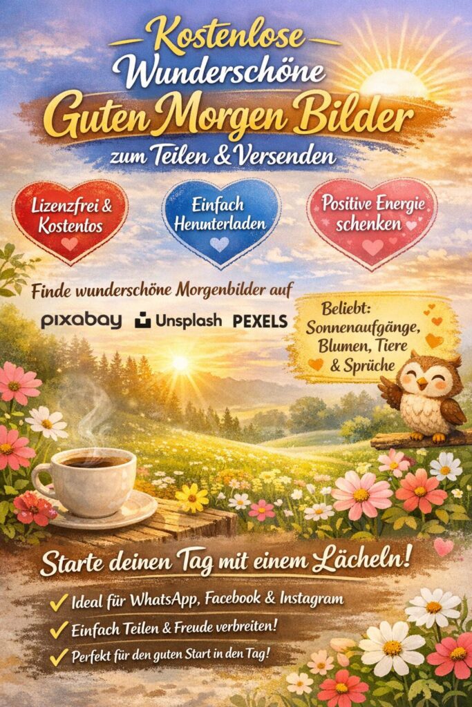 Illustration mit Sonnenaufgang, Blumen, Kaffee und dem Schriftzug „Kostenlose wunderschöne Guten Morgen Bilder zum Teilen und Versenden“ – ideal für WhatsApp, Facebook und Instagram.